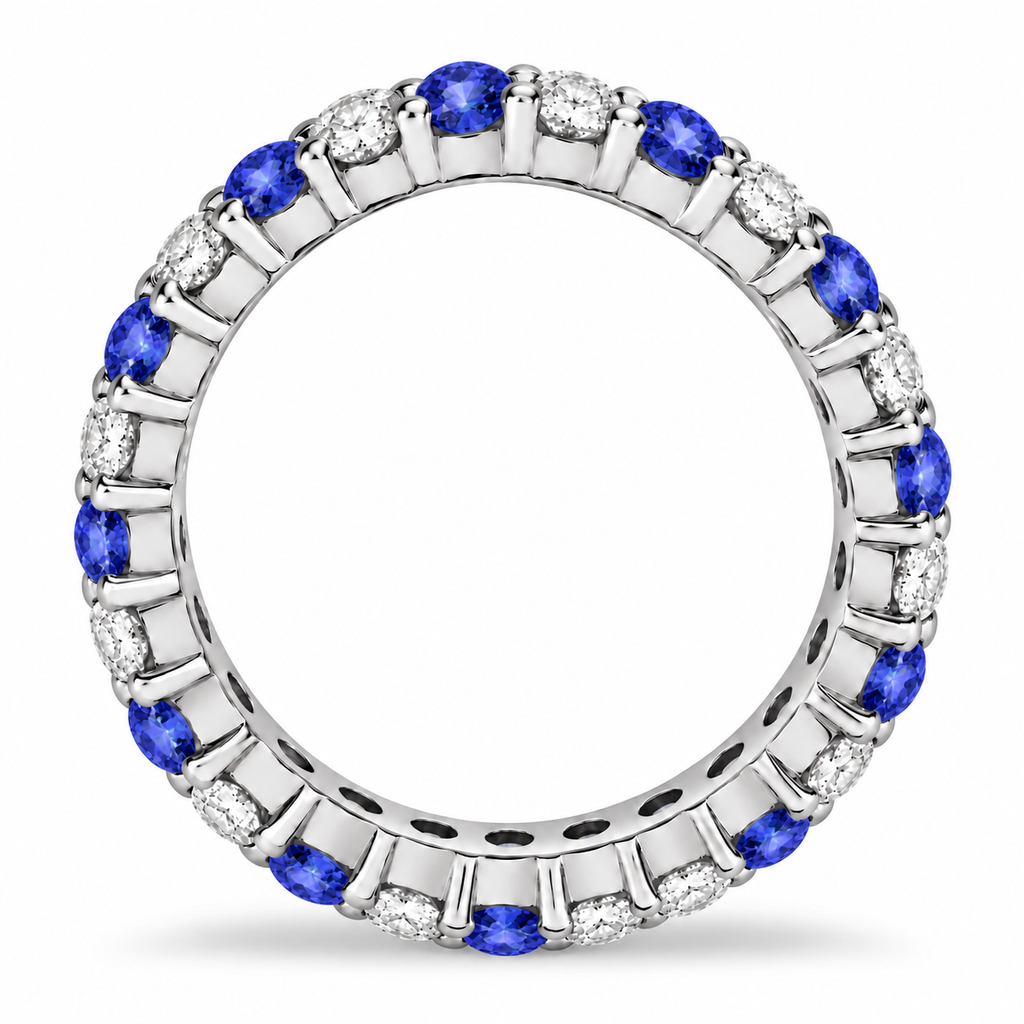 Lab tanzanite and lab diamond eternity ring in 14k white gold, true side profile