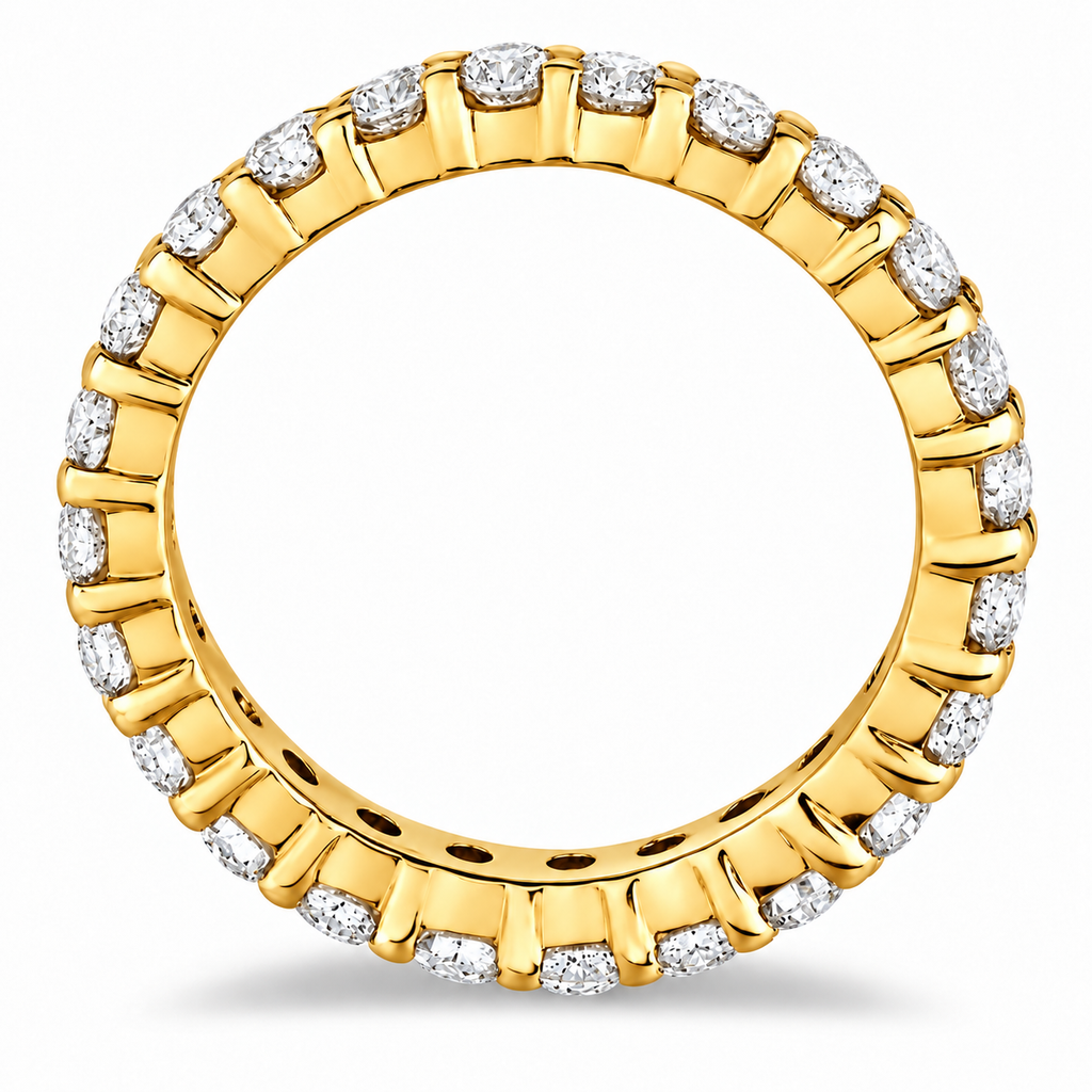Diamond eternity wedding band in 18k yellow gold, true side profile