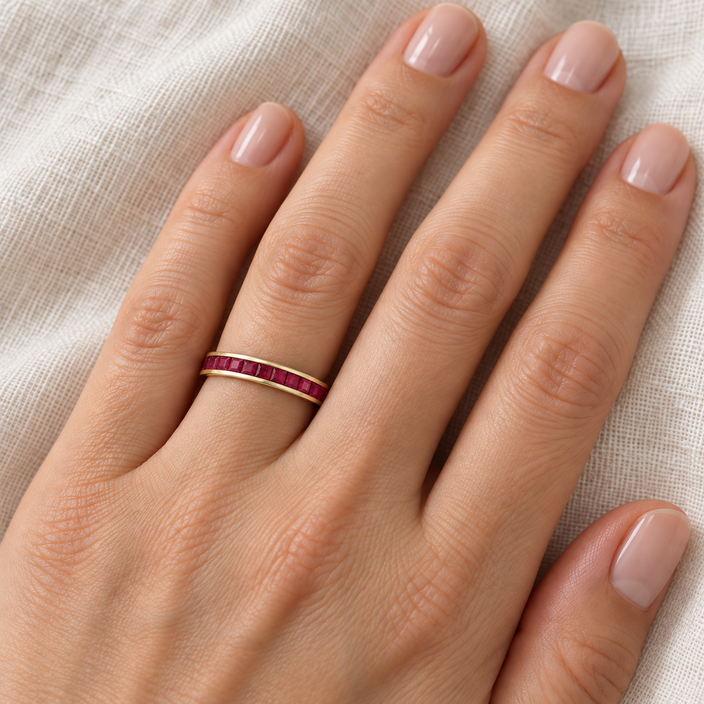 Princess-Cut Ruby Eternity Ring Band 14k Yellow Gold (1.20ct) — 3 mm band on left ring finger, ivory linen close-up