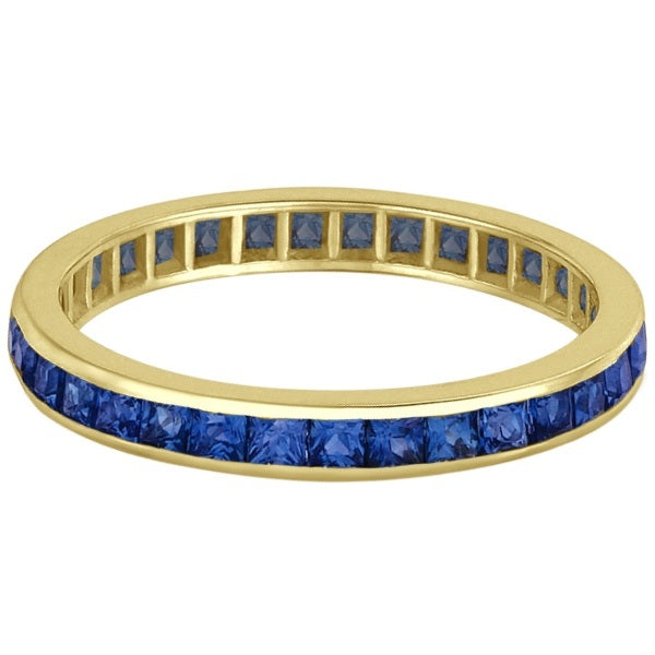 Natural blue sapphire 3 mm princess-cut eternity band in 14k yellow gold — original alternate angle