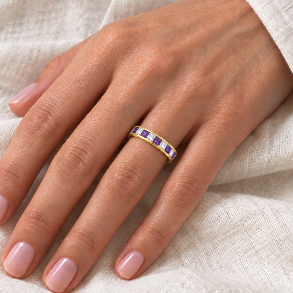 Lab amethyst and lab-grown diamond channel-set band in 14K yellow gold, 4mm, five princess-cut lab amethysts alternating four princess-cut lab-grown diamonds, 0.73ct total — linen