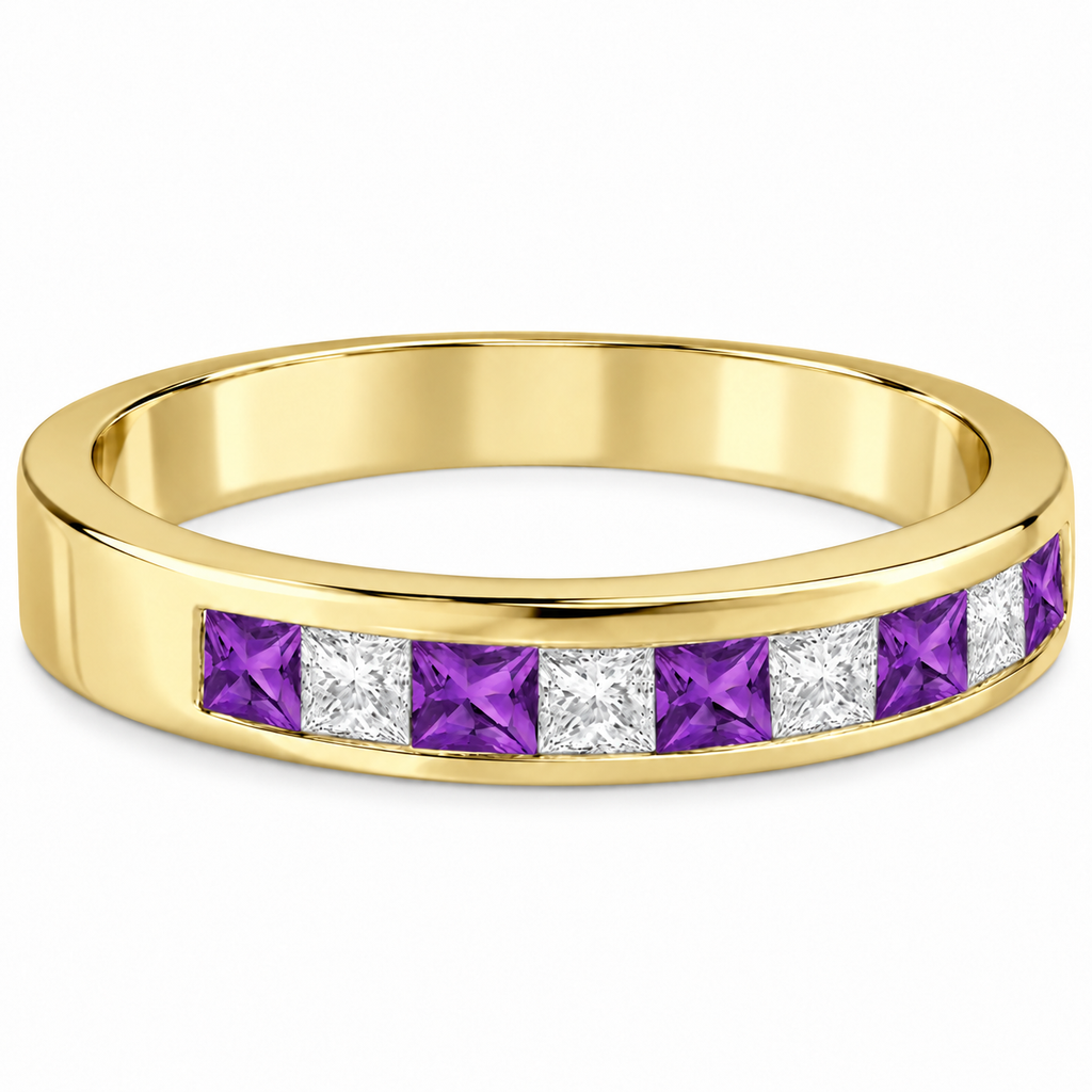 Lab amethyst and lab-grown diamond channel-set band in 14K yellow gold, 4mm, five princess-cut lab amethysts alternating four princess-cut lab-grown diamonds, 0.73ct total — side