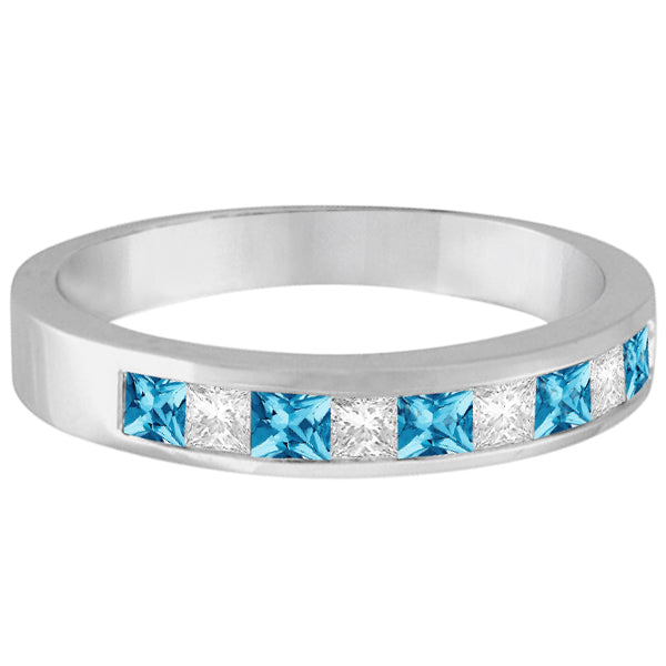Princess-cut blue topaz and diamond channel ring in 14K white gold, alternate view