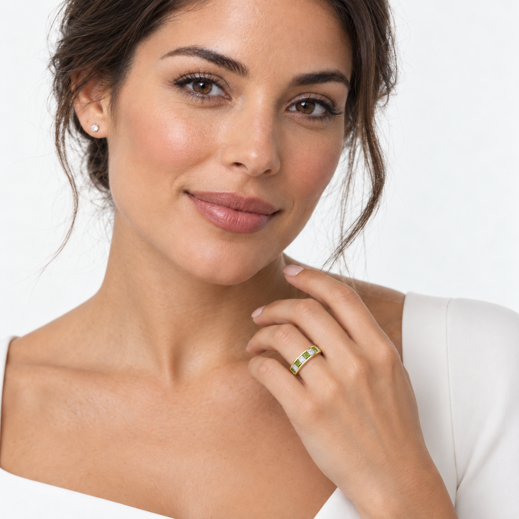 Peridot and lab-grown diamond band in 14K yellow gold, 4mm, five princess-cut peridot and four princess-cut lab-grown diamonds, 0.73ct total — face-visible studio portrait