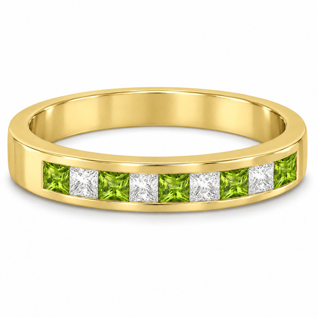 Peridot and lab-grown diamond band in 14K yellow gold, 4mm, five princess-cut peridot and four princess-cut lab-grown diamonds, 0.73ct total — alternate product profile