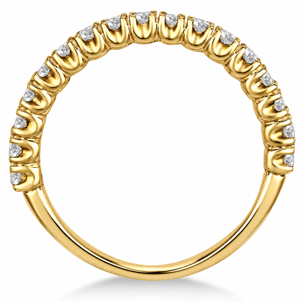 Side profile of IR890 half-eternity pavé stacking ring with 17 round natural diamonds totaling 0.75ct in polished 14k yellow gold, 2.25mm wide.