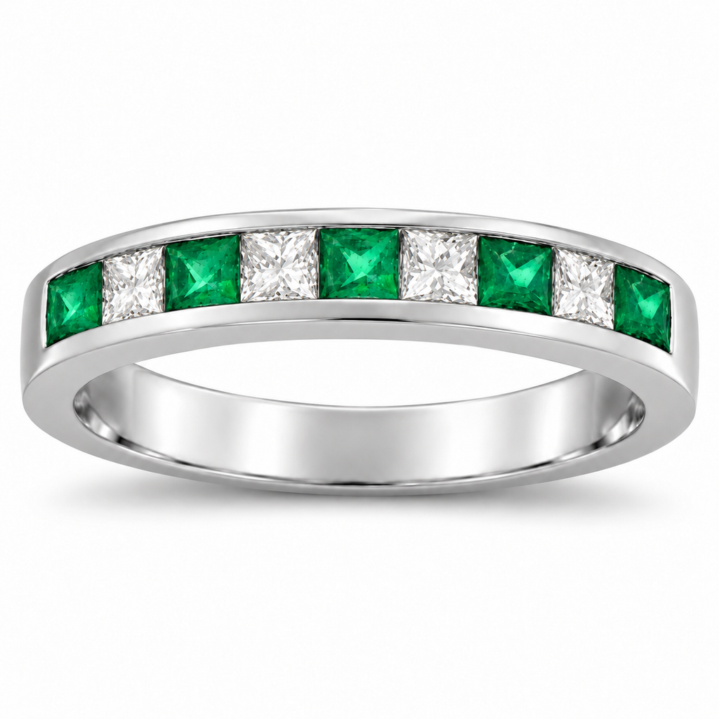 Five princess-cut lab emeralds and four lab-grown diamonds in 14K white gold channel-set band,4mm,0.73ctw — main product view on white