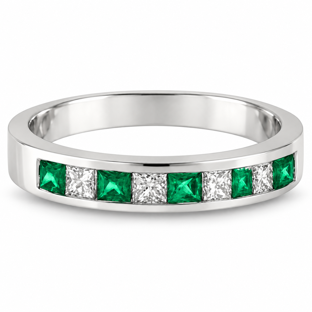 Five princess-cut lab emeralds and four lab-grown diamonds in 14K white gold channel-set band,4mm,0.73ctw — original-construction alternate product view on white