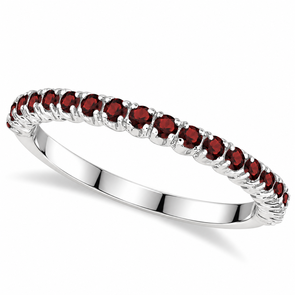 Natural garnet half-eternity stacking ring, nineteen round garnets, 2mm 14k white gold, polished original three-quarter view