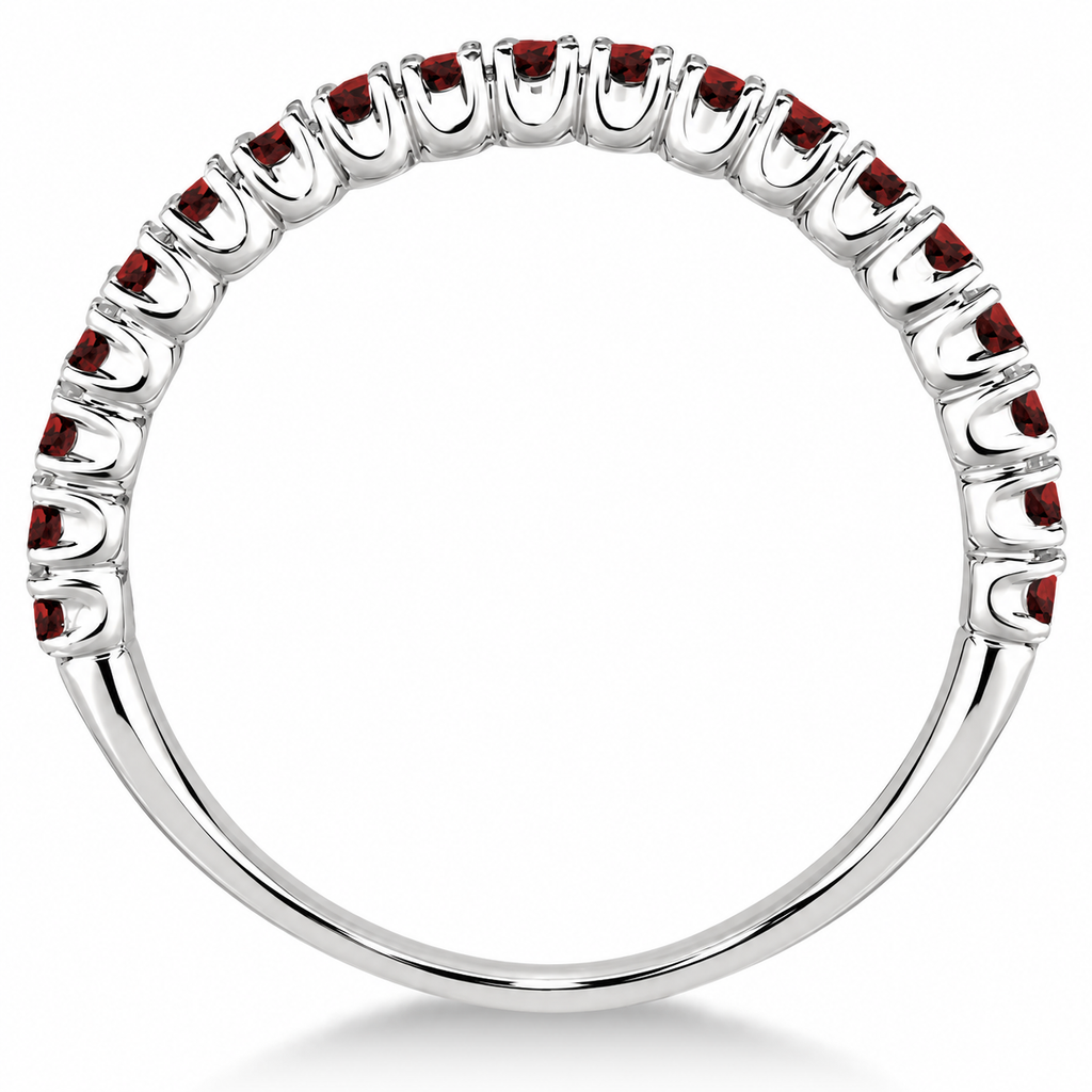 Natural garnet half-eternity stacking ring, nineteen round garnets, 2mm 14k white gold, polished original full side profile