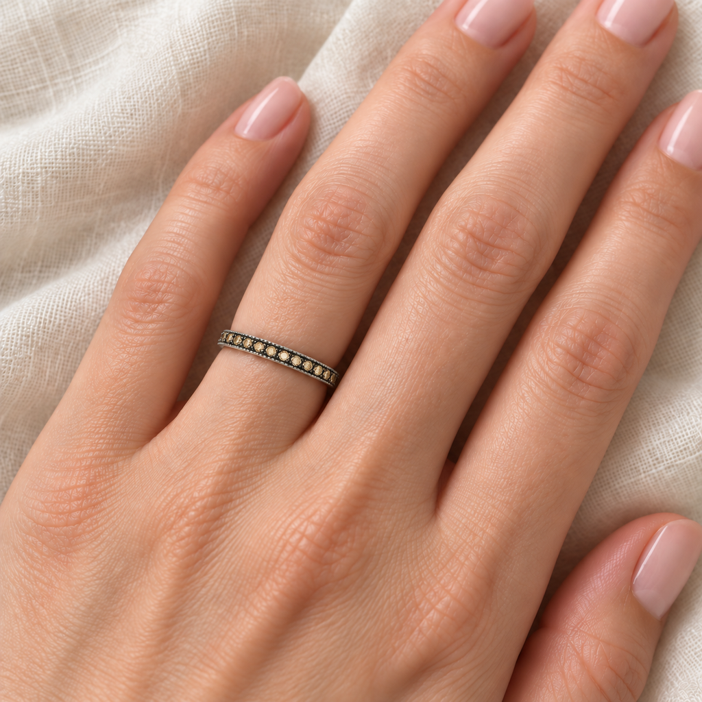 Champagne Diamond Ring Band 14K White Gold — 2 mm band close-up on ivory linen