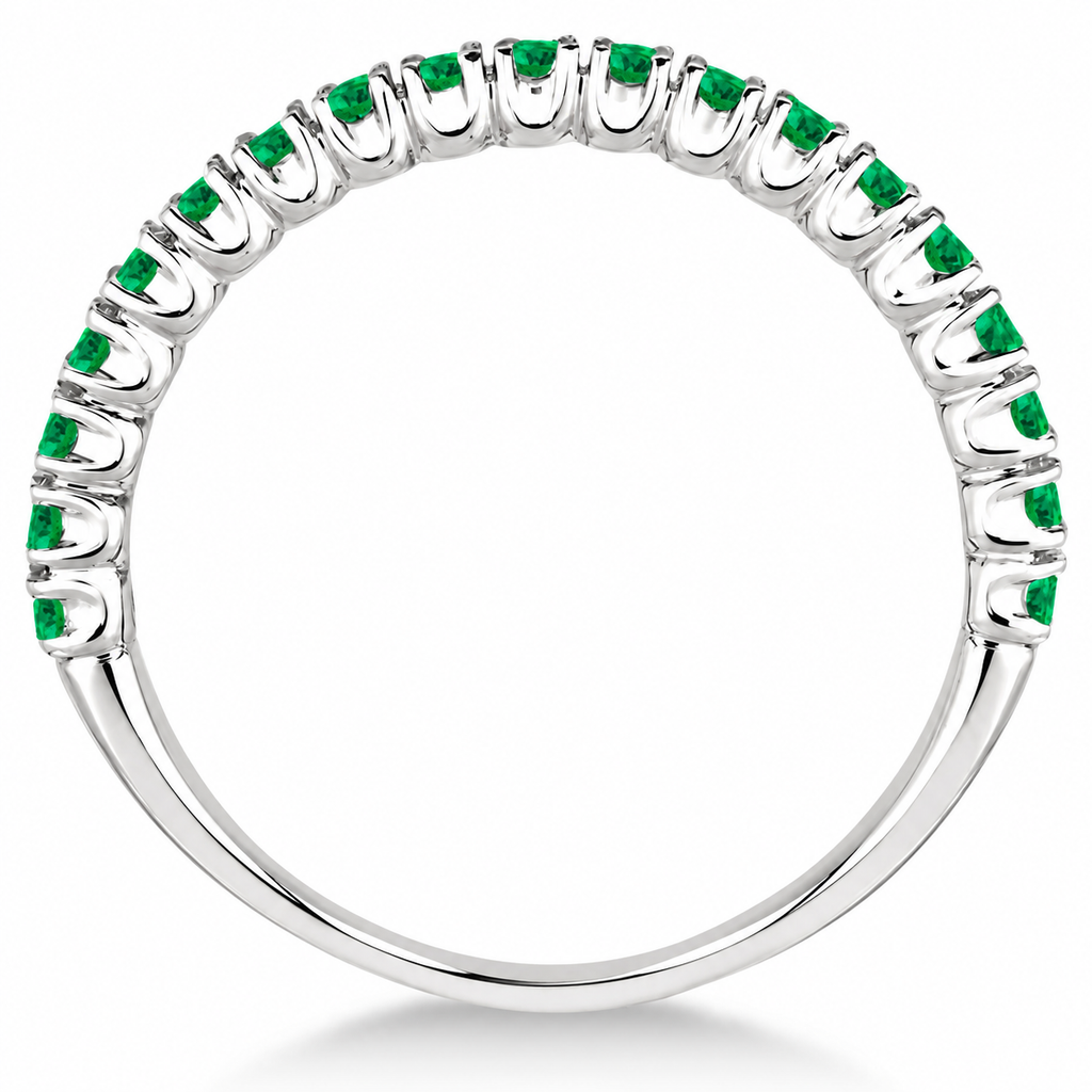 Exact full-side profile of a high-polished 14k white gold 2mm half-eternity ring with nineteen round natural emeralds, 0.65ct