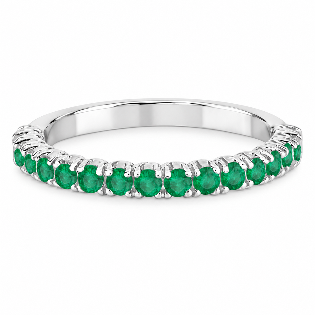 Exact original front view of a high-polished 14k white gold 2.25mm half-eternity ring with seventeen round natural emeralds, 0.95ct