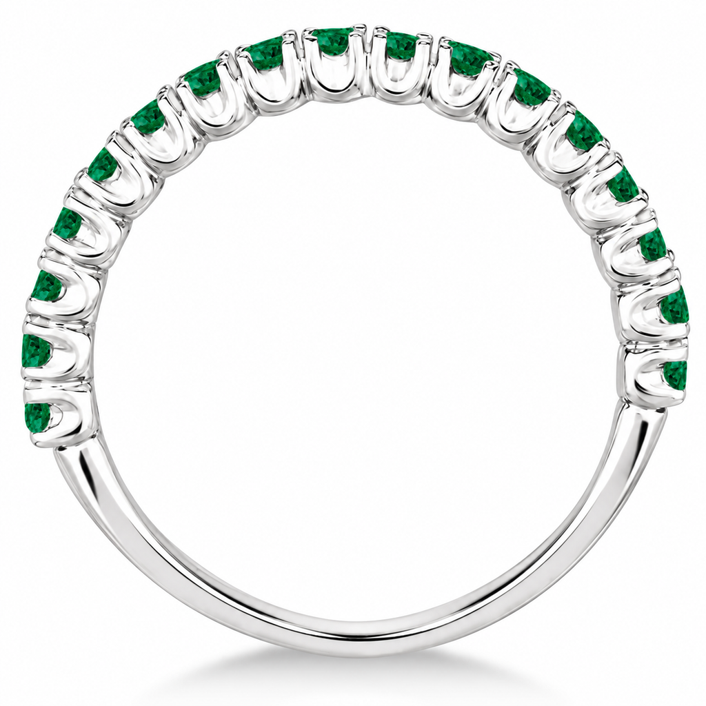 Exact original full-side profile of a high-polished 14k white gold 2.25mm half-eternity ring with seventeen round natural emeralds, 0.95ct