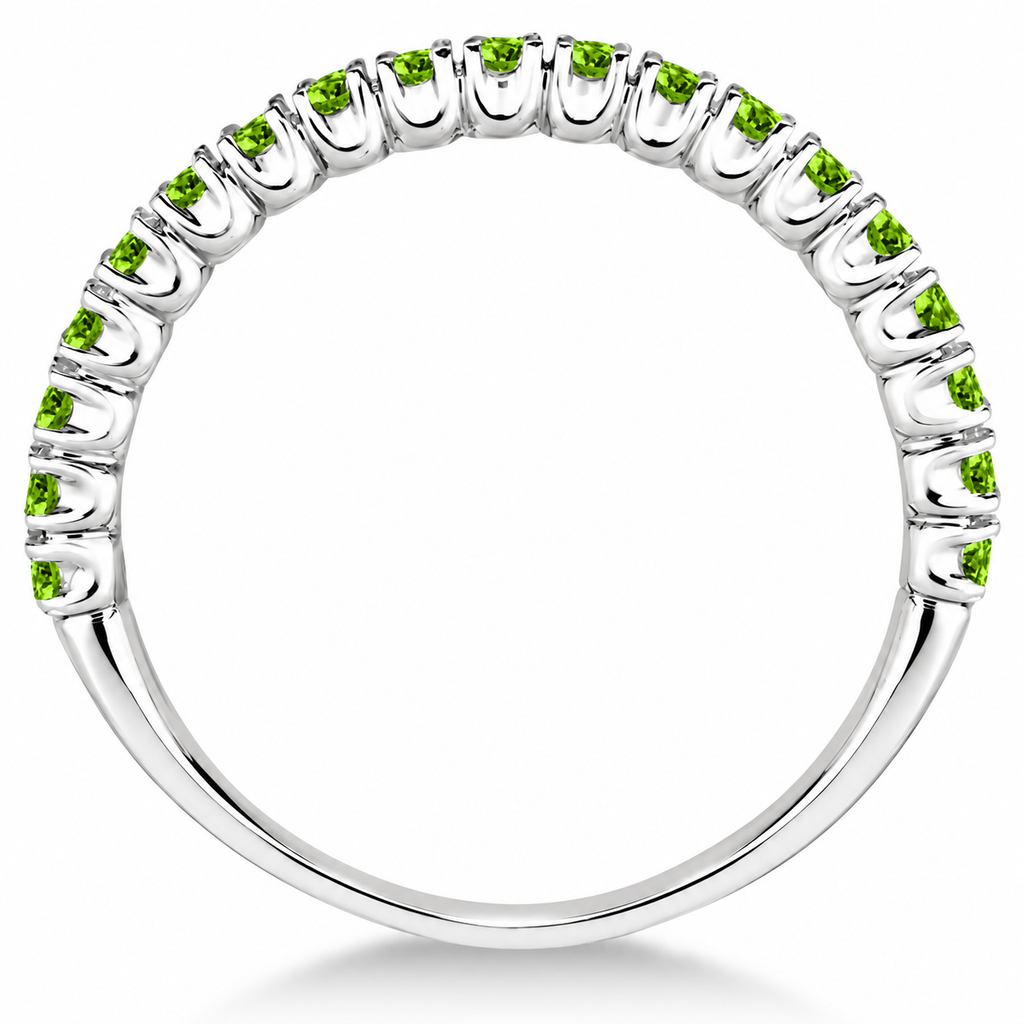 Upright full-side view — high-polished 14k white gold half-eternity pavé/prong ring with 19 round natural peridots, 2 mm, 0.65ct.
