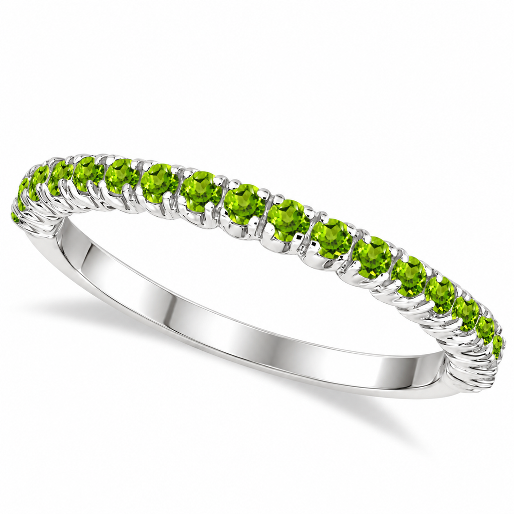 Diagonal main view — high-polished 14k white gold half-eternity pavé/prong ring with 19 round natural peridots, 2 mm, 0.65ct.