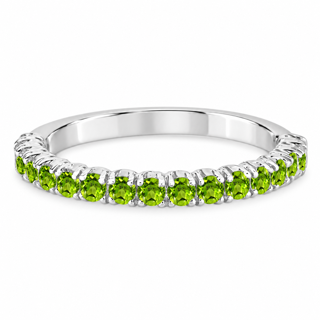 Original front product view of a 2.25 mm high-polished 14k white gold half-eternity pavé/prong ring with 17 round natural peridots, 0.95ct.