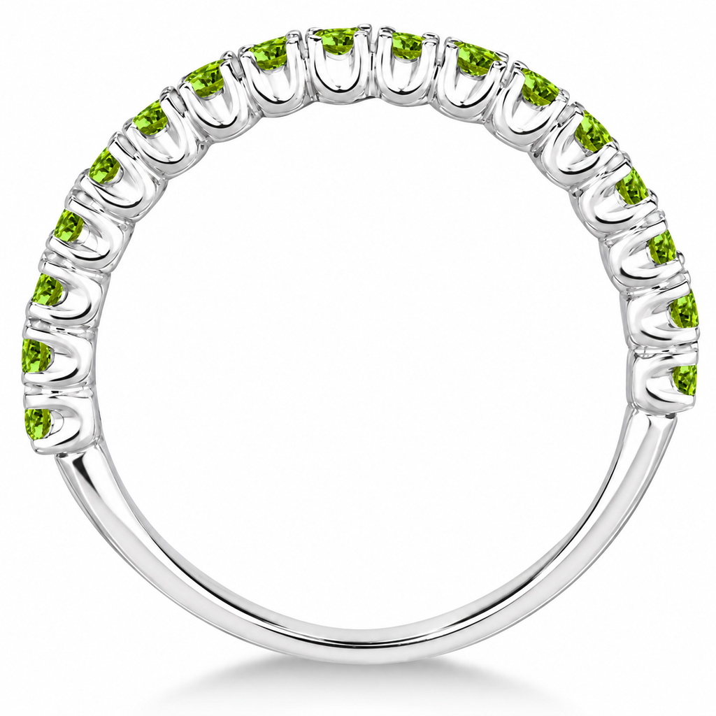Original full side profile of a 2.25 mm high-polished 14k white gold half-eternity pavé/prong ring with 17 round natural peridots, 0.95ct.