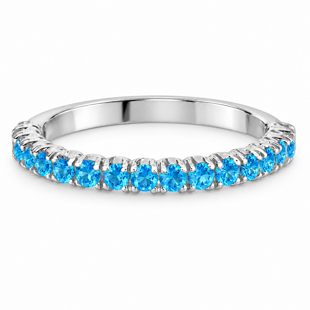 IR978 front view: 2.25mm polished 14k white gold half-eternity ring with 17 round natural blue topaz, 0.95ct