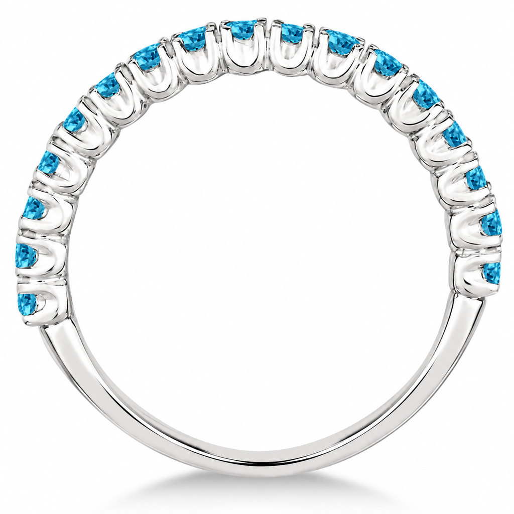 IR978 side view: 2.25mm polished 14k white gold half-eternity ring with 17 round natural blue topaz, 0.95ct