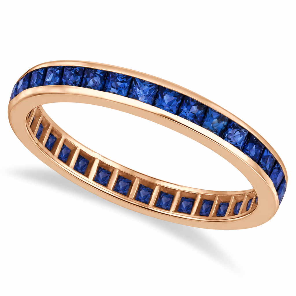 Lab-grown blue sapphire 3 mm princess-cut eternity band in 14k rose gold — main