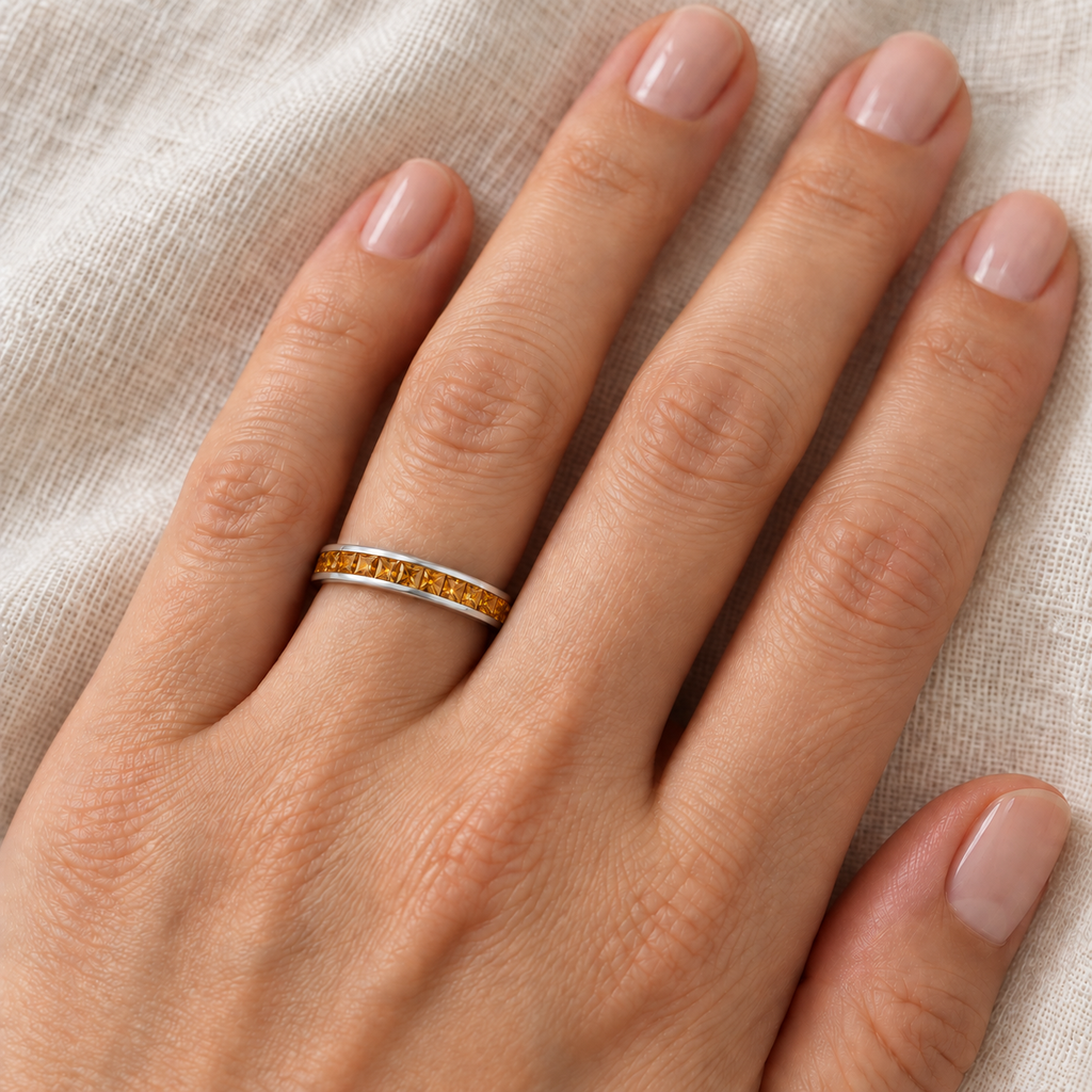Princess-Cut Citrine Eternity Ring Band 14k White Gold (1.36ct) — 3 mm band on left ring finger, ivory linen close-up