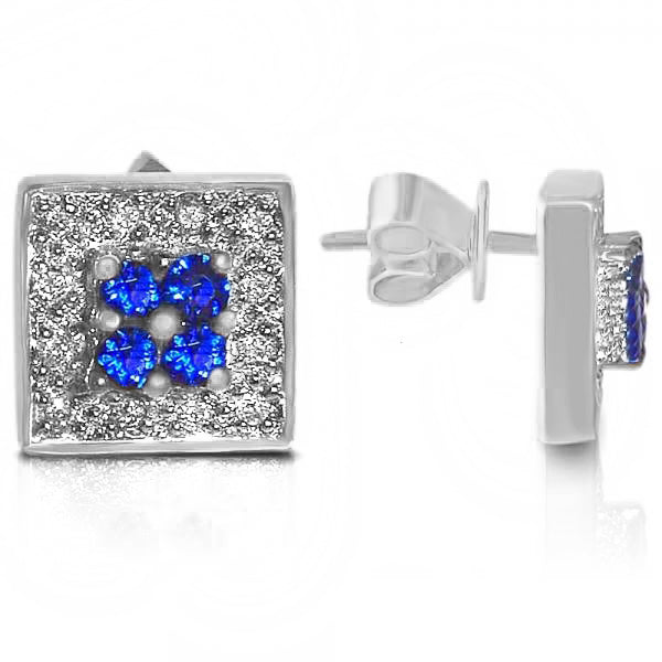 Square Shaped Blue Sapphire & Diamond Earrings 14k White Gold 0.75ct