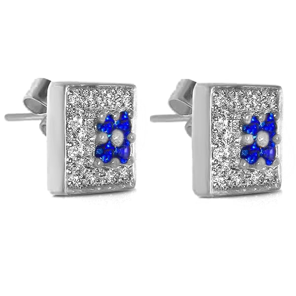 Square Shaped Blue Sapphire & Diamond Earrings 14k White Gold 0.75ct