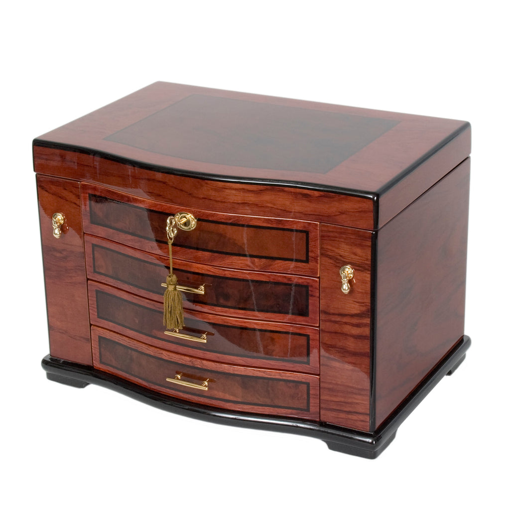 Burlwood Inlay Jewelry Chest w Necklace Hooks & Espresso Faux Suede