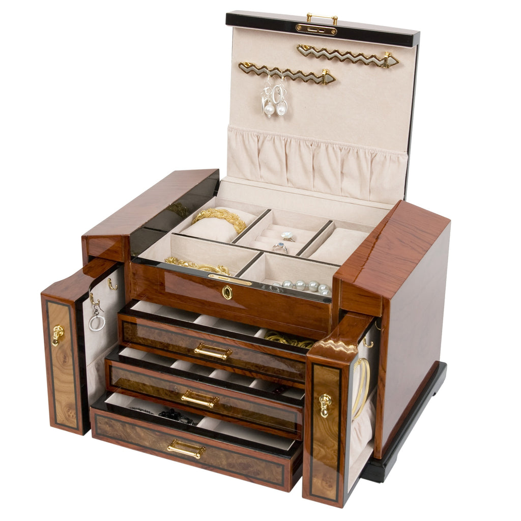 Bubinga Jewelry Chest w Elm Burl Trim w 3 Drawers & 2 Watch Pillows