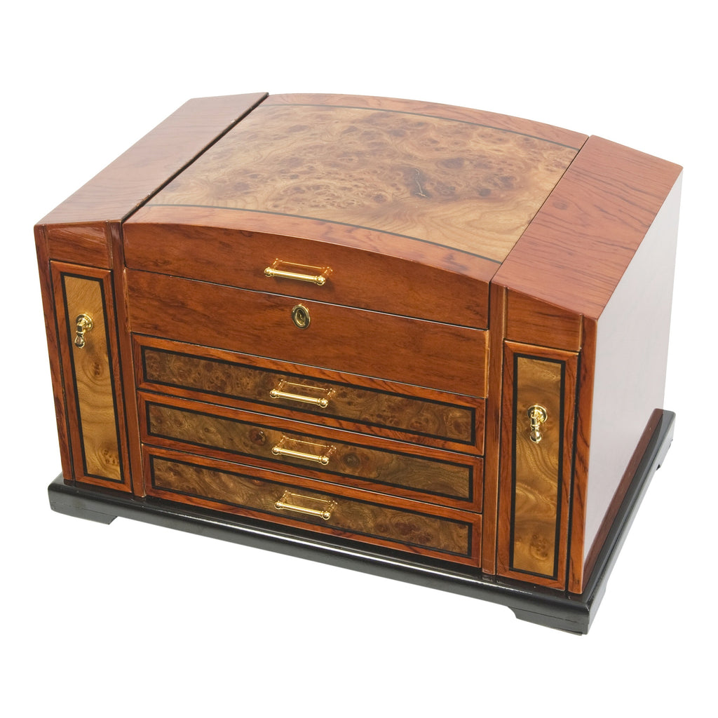 Bubinga Jewelry Chest w Elm Burl Trim w 3 Drawers & 2 Watch Pillows