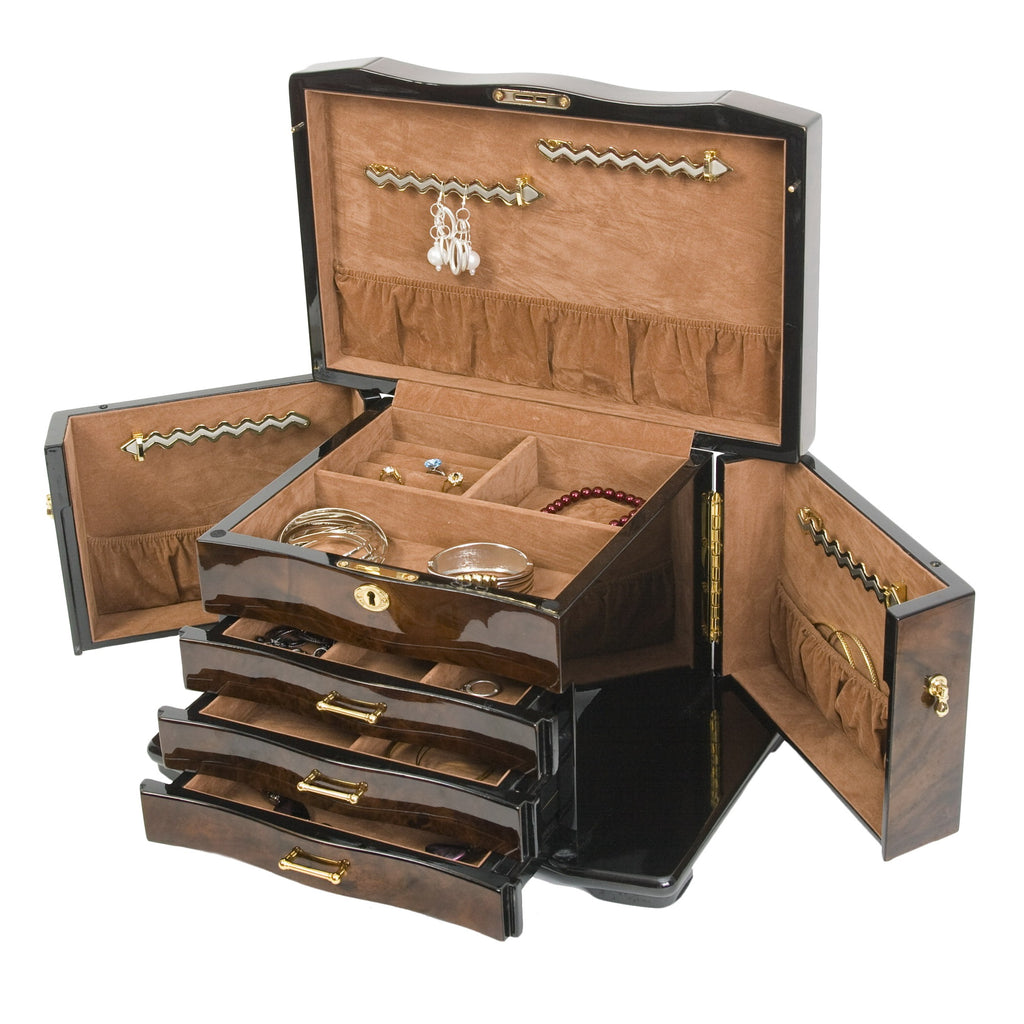 Walnut Burl Jewelry Box w 3 Pull-out Drawers & 2 Swing-out Doors