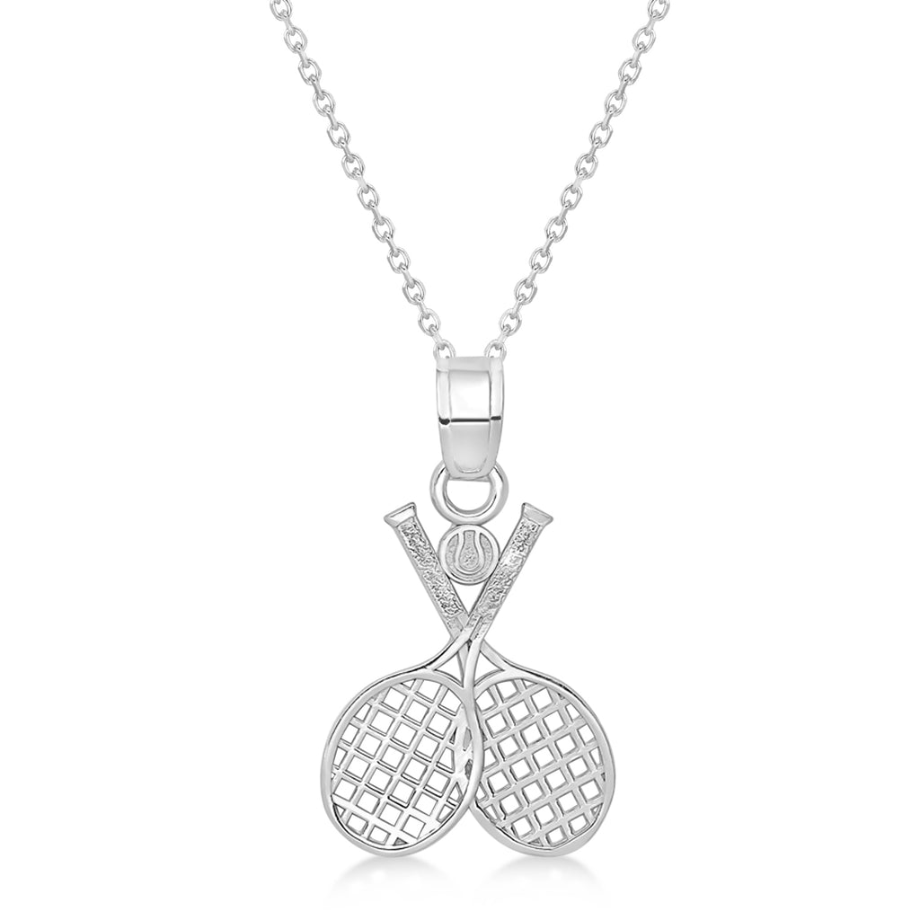 Double Tennis Racket Charm Pendant Necklace 14K White Gold