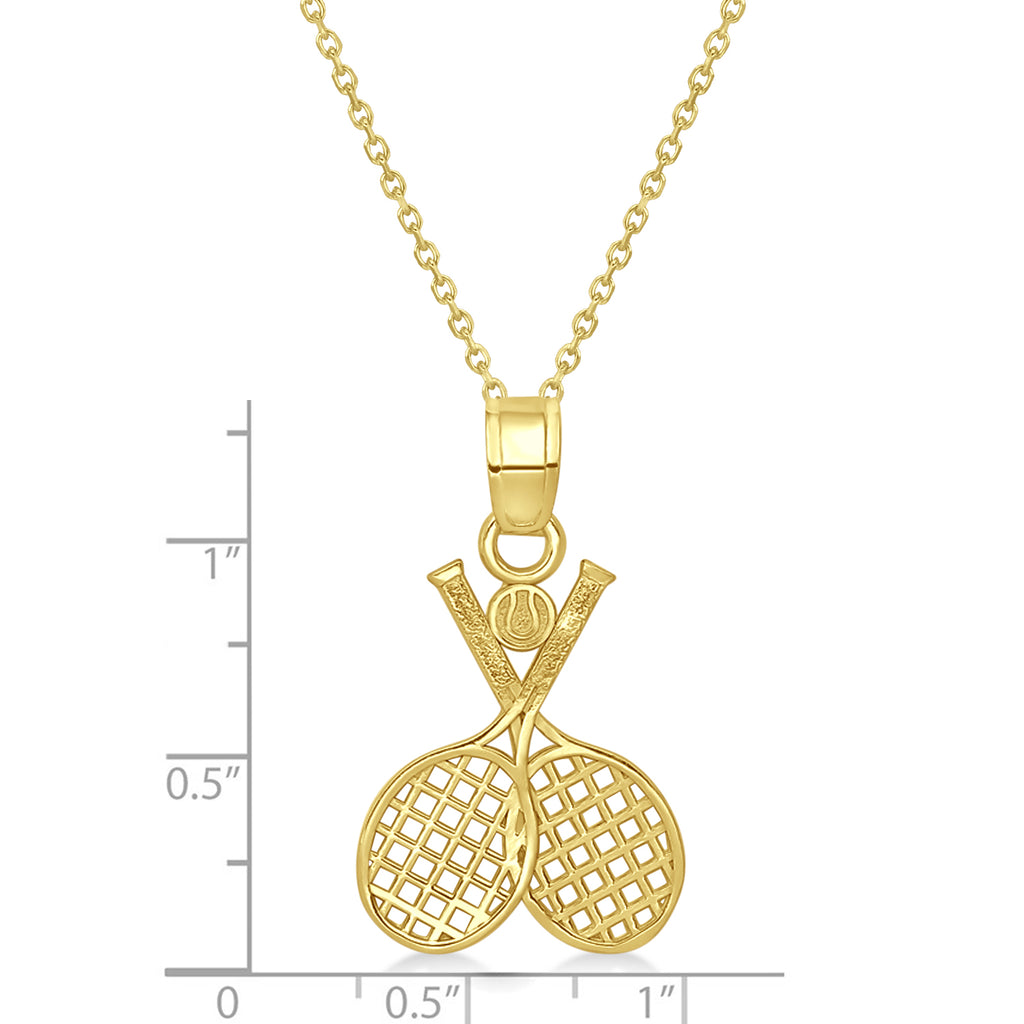 Double Tennis Racket Charm Pendant Necklace 14K Yellow Gold