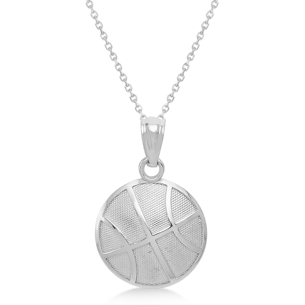 Satin & Polished Basketball Charm Men's Pendant Necklace 14K White Gold