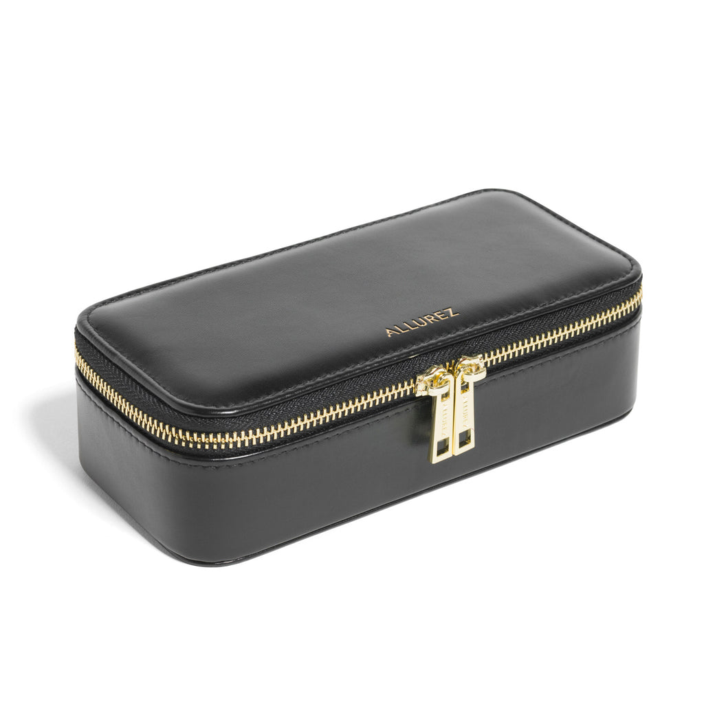 Allurez Compartment Jewelry Organizer Travel Case Storage in Black Vegan Leather
