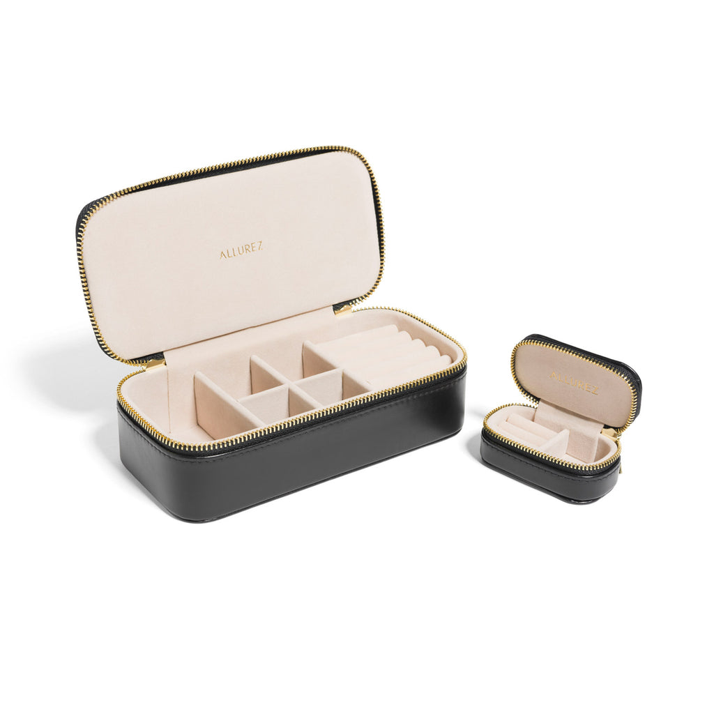 Allurez Compartment Jewelry Organizer Travel Case Storage in Black Vegan Leather