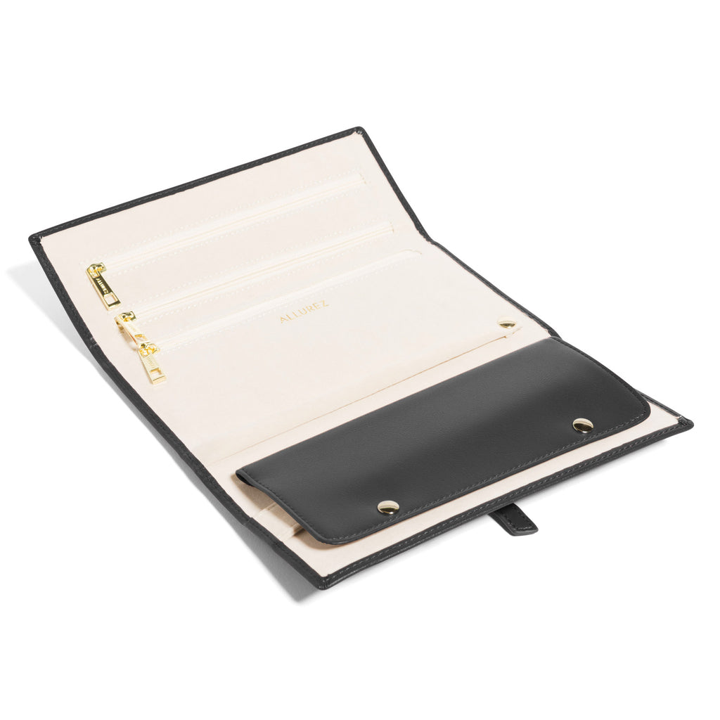 Allurez Foldable Jewelry Travel Organizer Black Vegan Leather