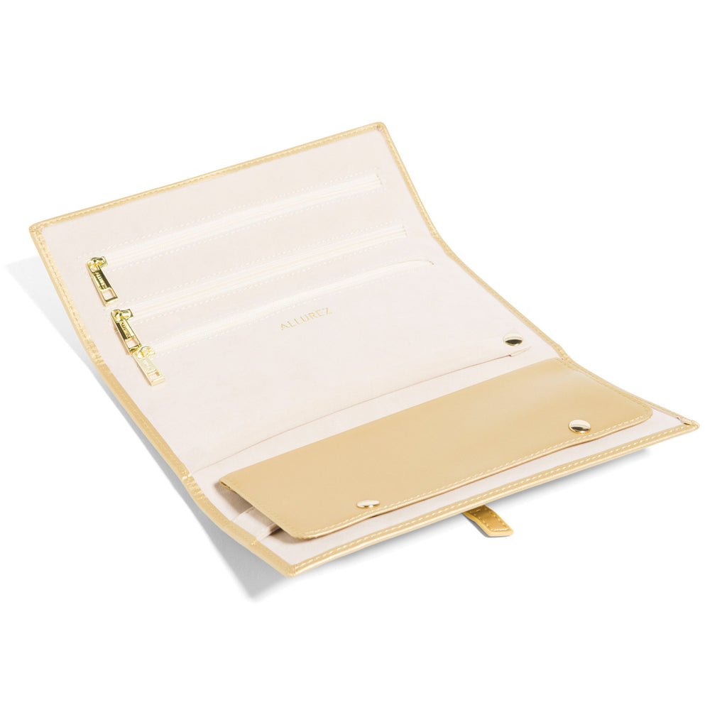 Allurez Foldable Jewelry Travel Organizer Gold Vegan Leather