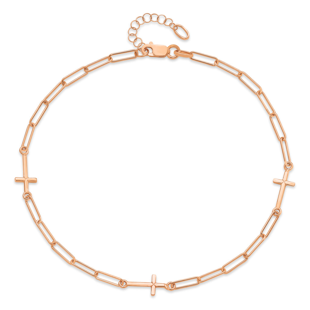 Cross Link Paperclip Station Anklet 14k Rose Gold