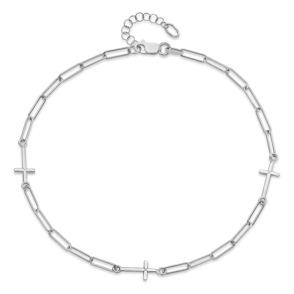Cross Link Paperclip Station Anklet 14k White Gold