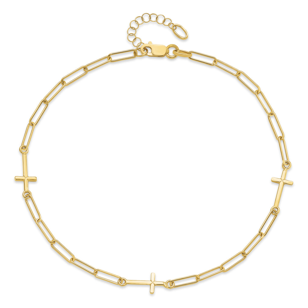 Cross Link Paperclip Station Anklet 14k Yellow Gold