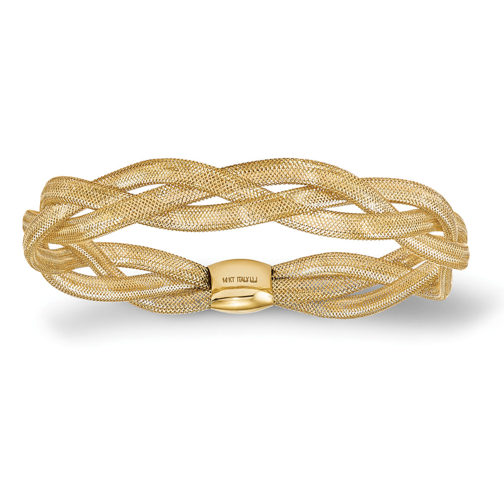 Fancy Braided Stretchable Mesh Link Bangle Bracelet 14k Yellow Gold