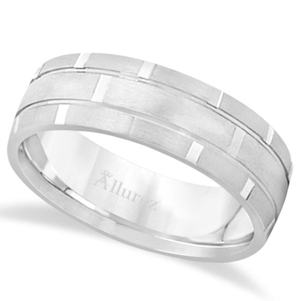 Contemporary Carved Mens Unique Wedding Ring 18k White Gold (6mm)