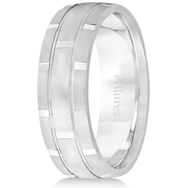 Contemporary Carved Mens Unique Wedding Ring 18k White Gold (6mm)