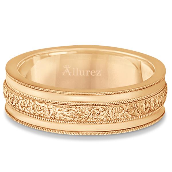 Carved Men's Wedding Ring Diamond Cut Band 18k Rose Gold (7mm)