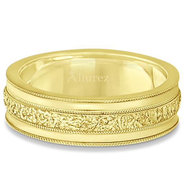 Carved Men's Wedding Ring Diamond Cut Band 18k Yellow Gold (7 mm)