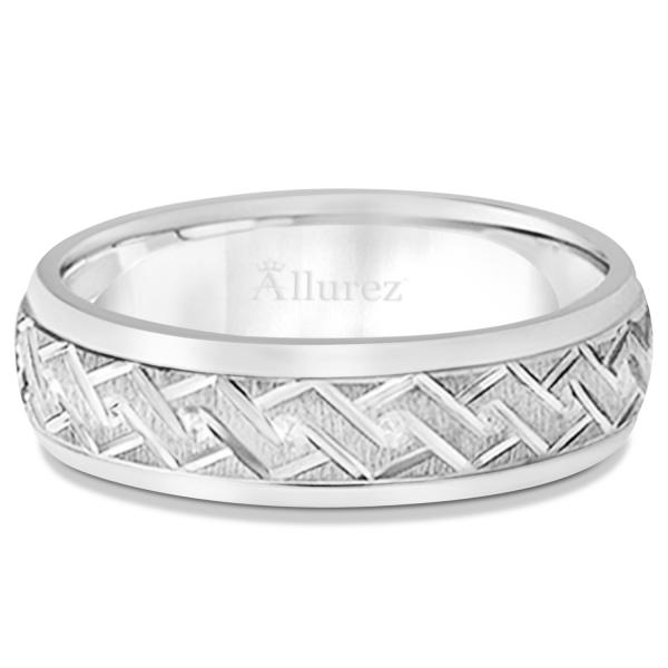 Men's Fancy Carved Comfort-Fit Wedding Band 18k White Gold (5mm)