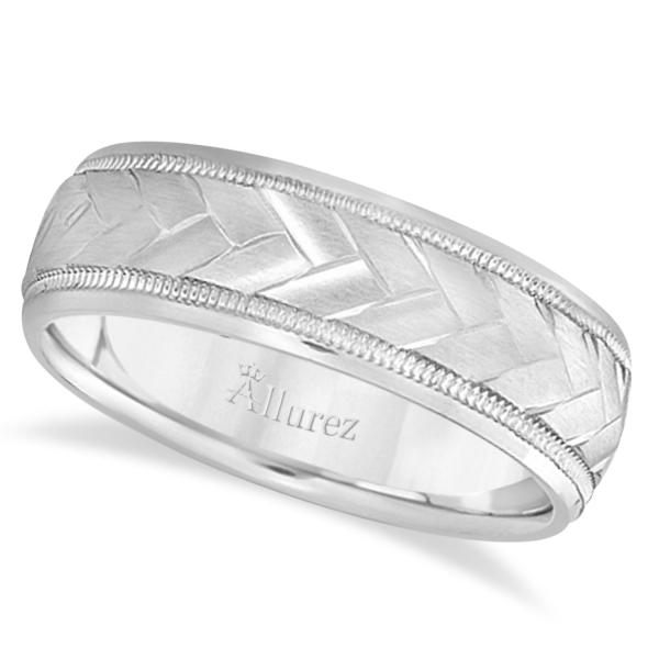 Braided Men's Wedding Ring Diamond Cut Band 14k White Gold (7 mm)