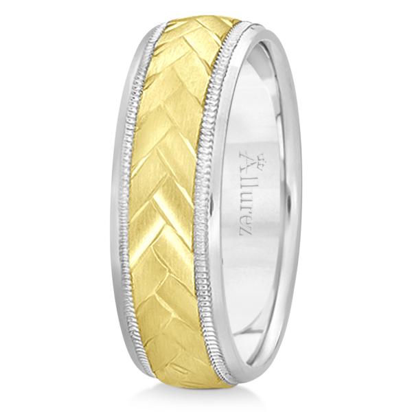 Braided Men's Wedding Ring Diamond Cut Band 14k Two Tone Gold (7 mm)